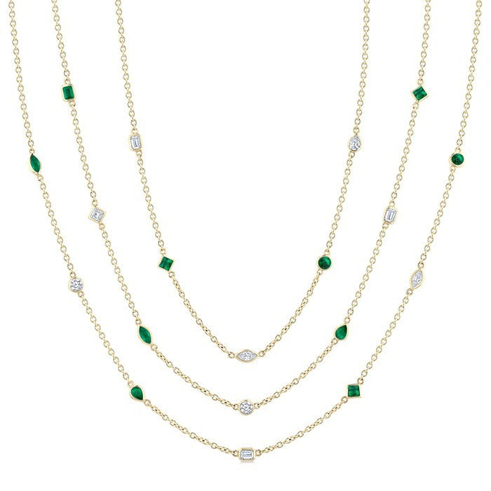 Mixed Shape Emerald and 2 1/2 Ctw Round Cut Diamond Precious Necklace in 14K Yellow Gold