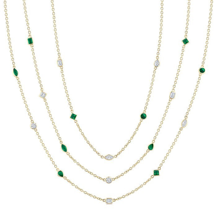 Mixed Shape Emerald and 2 1/2 Ctw Round Cut Diamond Precious Necklace in 14K Yellow Gold