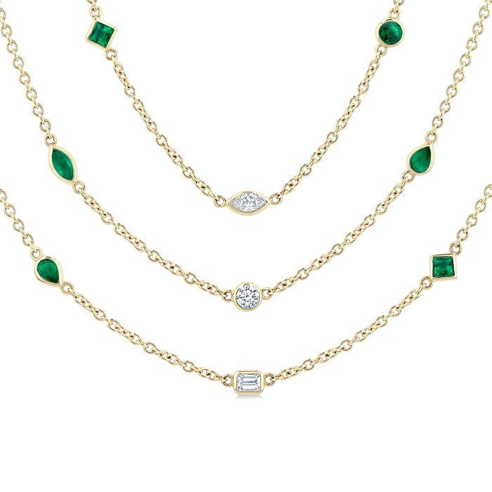 Mixed Shape Emerald and 2 1/2 Ctw Round Cut Diamond Precious Necklace in 14K Yellow Gold