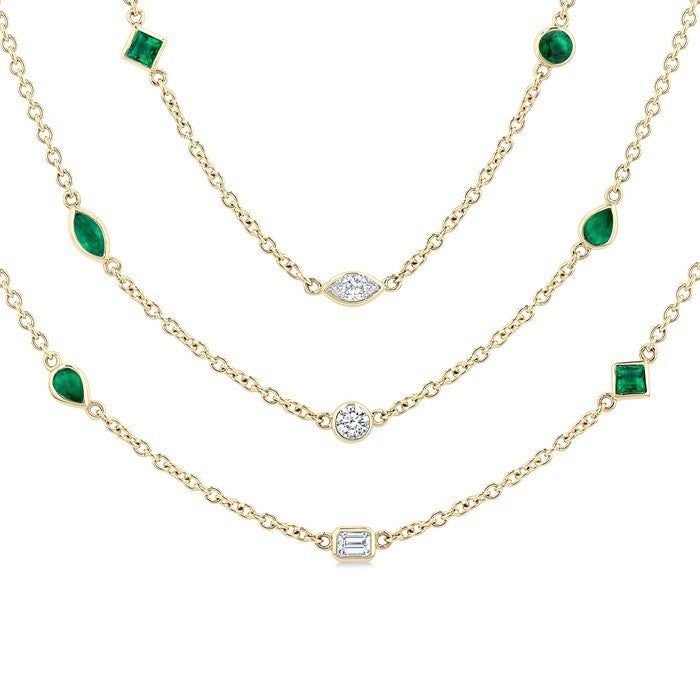 Mixed Shape Emerald and 2 1/2 Ctw Round Cut Diamond Precious Necklace in 14K Yellow Gold