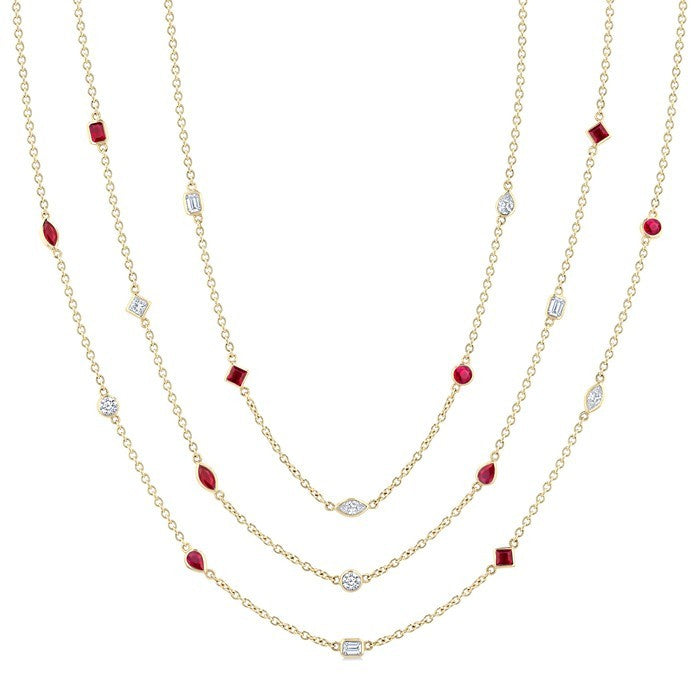Mixed Shape Ruby and 2 1/2 Ctw Round Cut Diamond Precious Necklace in 14K Yellow Gold
