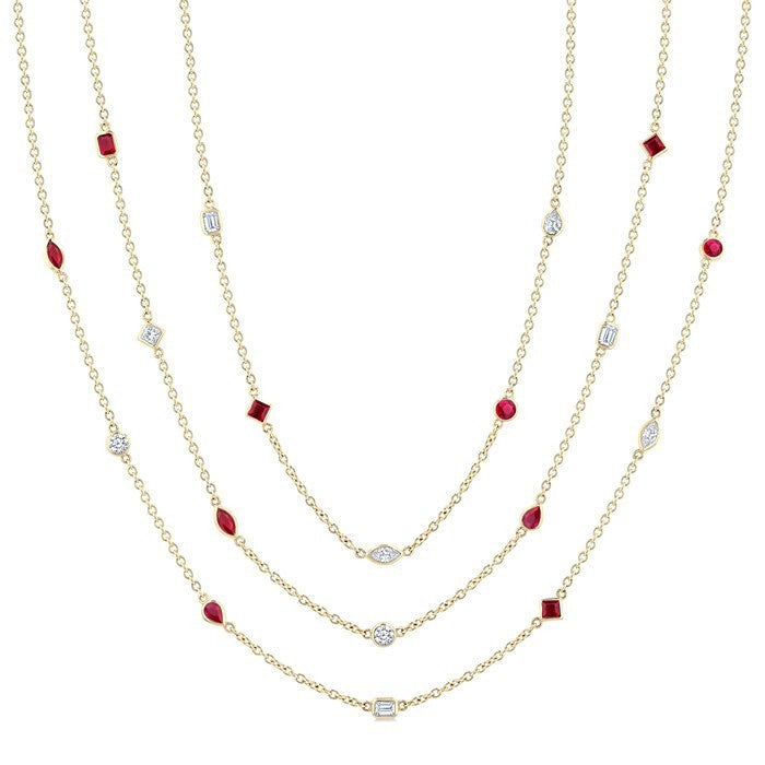 Mixed Shape Ruby and 2 1/2 Ctw Round Cut Diamond Precious Necklace in 14K Yellow Gold