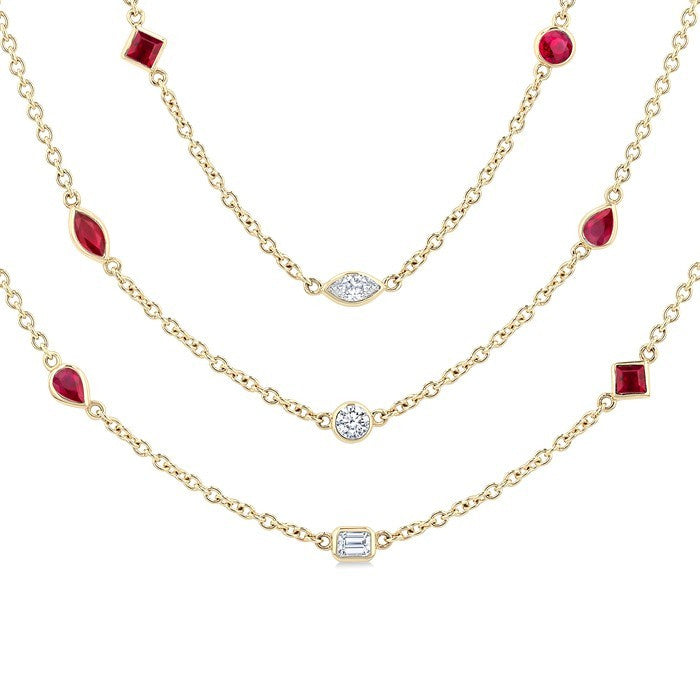 Mixed Shape Ruby and 2 1/2 Ctw Round Cut Diamond Precious Necklace in 14K Yellow Gold