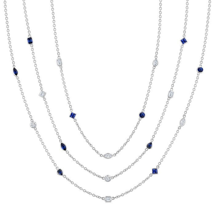 Mixed Shape Sapphire and 2 1/2 Ctw Round Cut Diamond Precious Necklace in 14K White Gold