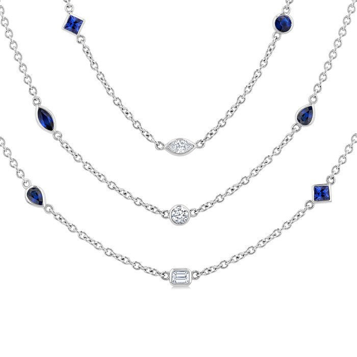 Mixed Shape Sapphire and 2 1/2 Ctw Round Cut Diamond Precious Necklace in 14K White Gold