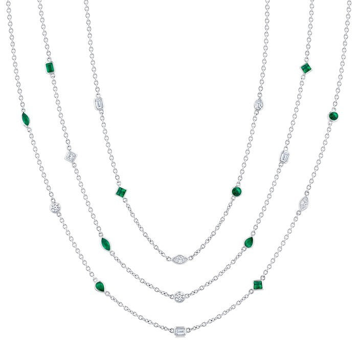 Mixed Shape Emerald and 2 1/2 Ctw Round Cut Diamond Precious Station Necklace in Platinum