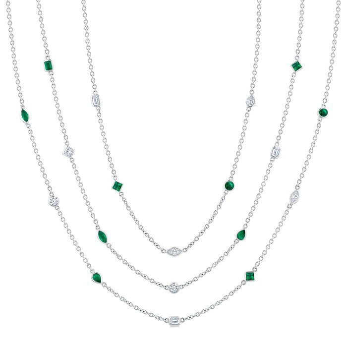 Mixed Shape Emerald and 2 1/2 Ctw Round Cut Diamond Precious Station Necklace in Platinum