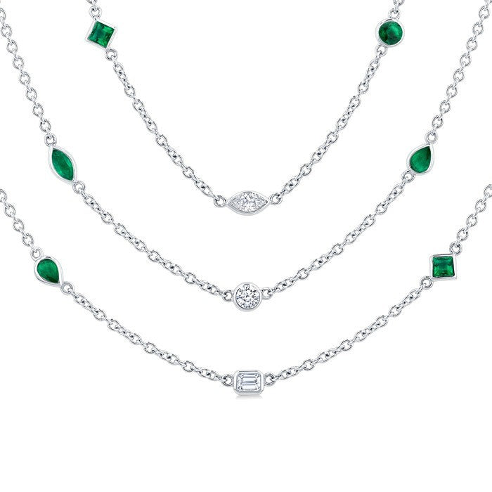 Mixed Shape Emerald and 2 1/2 Ctw Round Cut Diamond Precious Station Necklace in Platinum