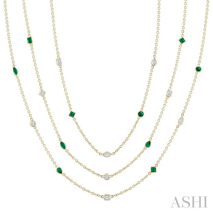 Mixed Shape Emerald and 2 1/2 Ctw Round Cut Diamond Precious Necklace in 14K Yellow Gold