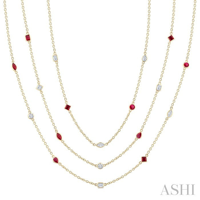 Mixed Shape Ruby and 2 1/2 Ctw Round Cut Diamond Precious Necklace in 14K Yellow Gold