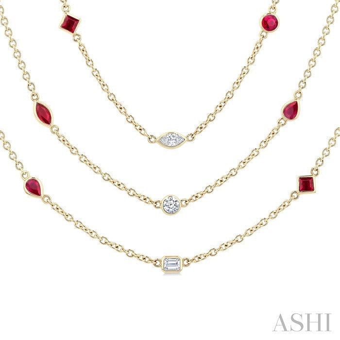Mixed Shape Ruby and 2 1/2 Ctw Round Cut Diamond Precious Necklace in 14K Yellow Gold
