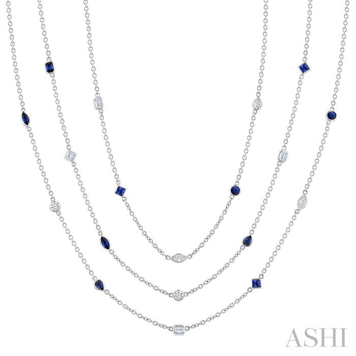 Mixed Shape Sapphire and 2 1/2 Ctw Round Cut Diamond Precious Necklace in 14K White Gold