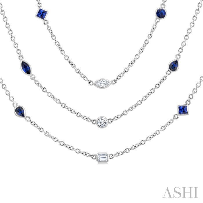 Mixed Shape Sapphire and 2 1/2 Ctw Round Cut Diamond Precious Necklace in 14K White Gold