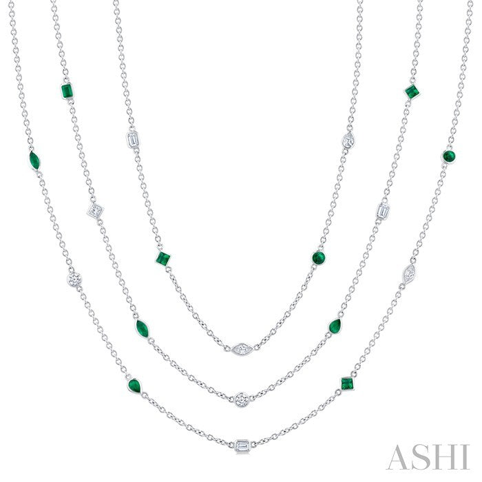 Mixed Shape Emerald and 2 1/2 Ctw Round Cut Diamond Precious Station Necklace in Platinum
