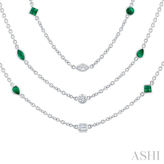 Mixed Shape Emerald and 2 1/2 Ctw Round Cut Diamond Precious Station Necklace in Platinum
