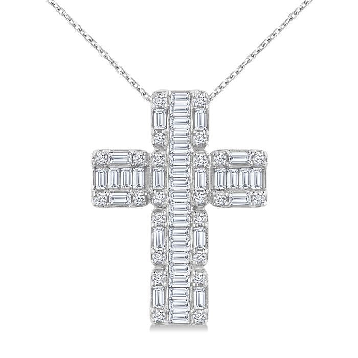 1 Ctw Fusion Baguette and Round Cut Diamond Cross Fashion Pendant With Chain in 14K White Gold