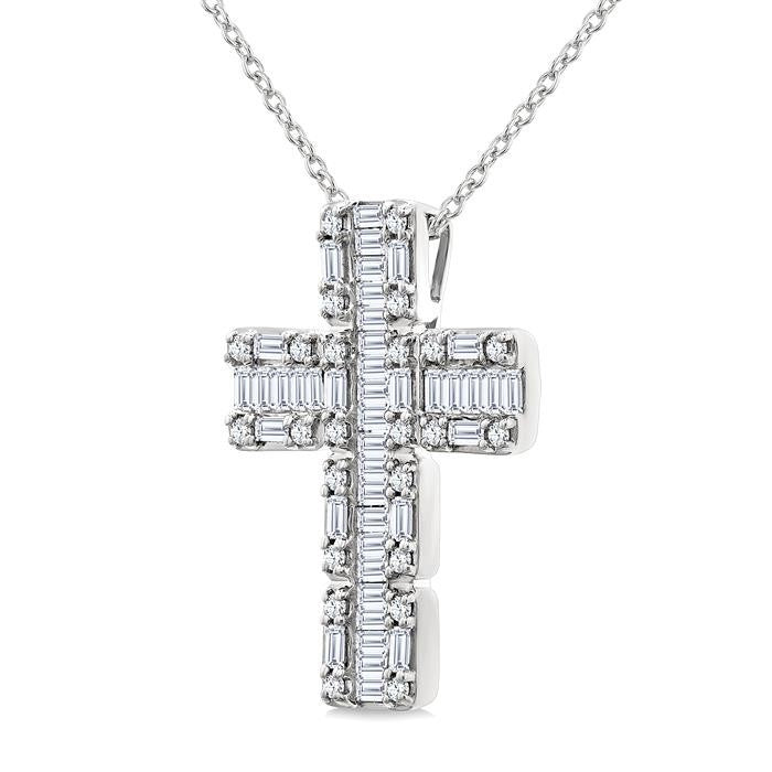 1 Ctw Fusion Baguette and Round Cut Diamond Cross Fashion Pendant With Chain in 14K White Gold