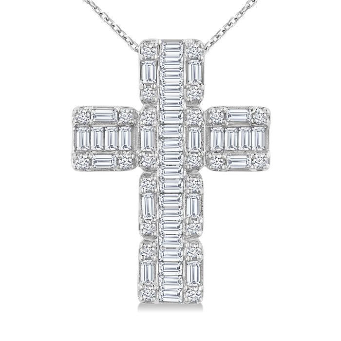 1 Ctw Fusion Baguette and Round Cut Diamond Cross Fashion Pendant With Chain in 14K White Gold