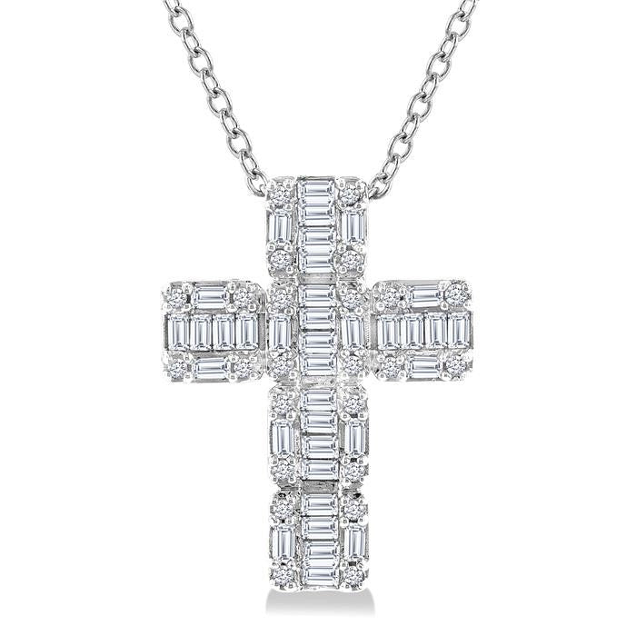1/2 Ctw Fusion Baguette and Round Cut Diamond Cross Fashion Pendant With Chain in 14K White Gold