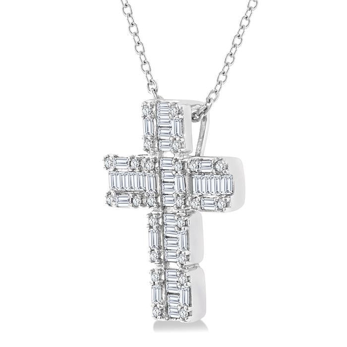 1/2 Ctw Fusion Baguette and Round Cut Diamond Cross Fashion Pendant With Chain in 14K White Gold