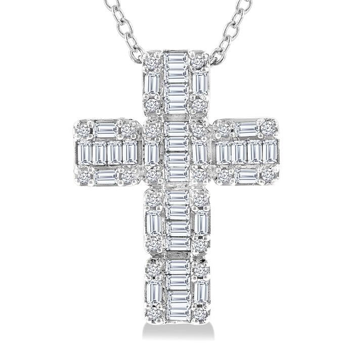 1/2 Ctw Fusion Baguette and Round Cut Diamond Cross Fashion Pendant With Chain in 14K White Gold