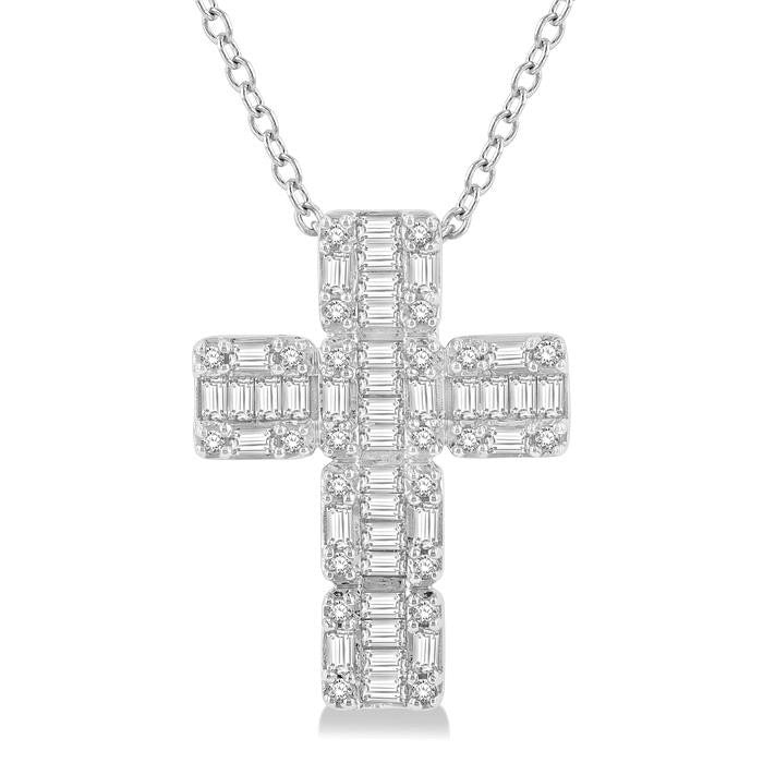 1/2 Ctw Fusion Baguette and Round Cut Diamond Cross Fashion Pendant With Chain in 14K White Gold