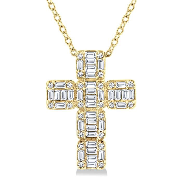1/2 Ctw Fusion Baguette and Round Cut Diamond Cross Fashion Pendant With Chain in 14K Yellow Gold