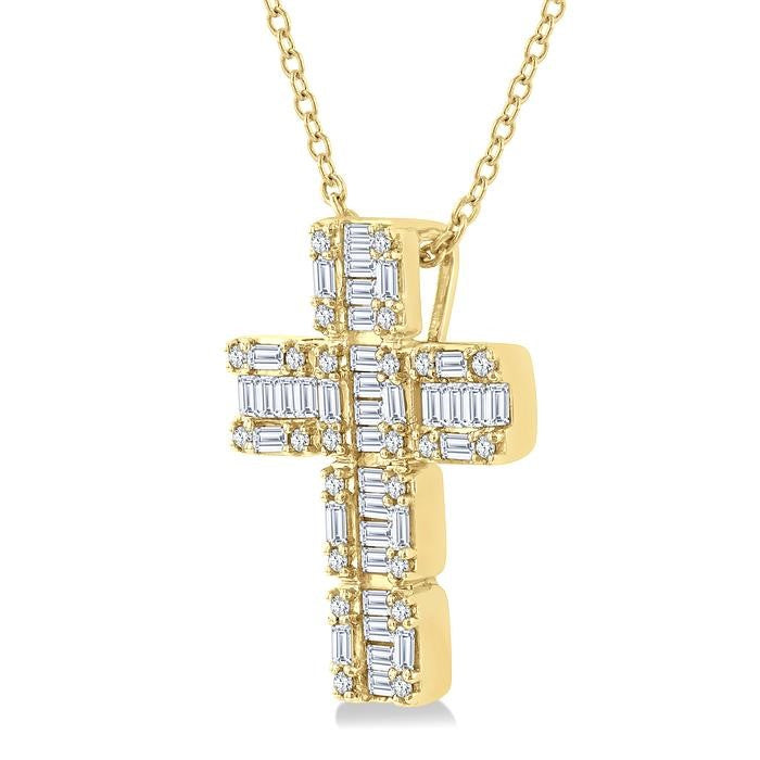 1/2 Ctw Fusion Baguette and Round Cut Diamond Cross Fashion Pendant With Chain in 14K Yellow Gold