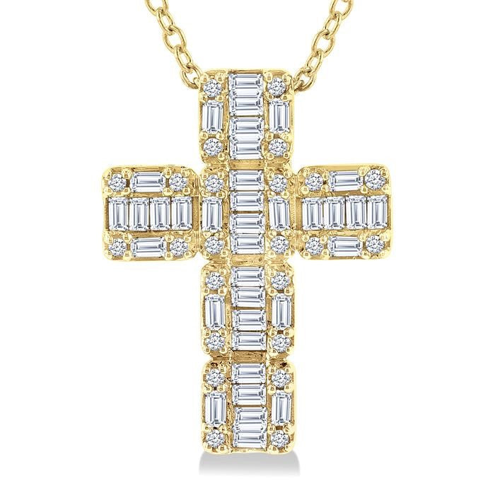 1/2 Ctw Fusion Baguette and Round Cut Diamond Cross Fashion Pendant With Chain in 14K Yellow Gold