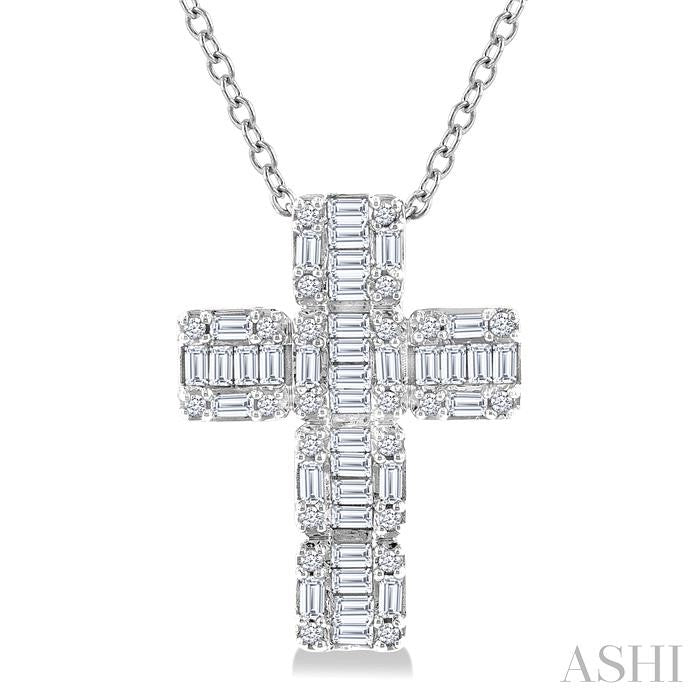 1/2 Ctw Fusion Baguette and Round Cut Diamond Cross Fashion Pendant With Chain in 14K White Gold