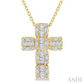 1/2 Ctw Fusion Baguette and Round Cut Diamond Cross Fashion Pendant With Chain in 14K Yellow Gold