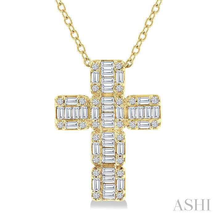 1/2 Ctw Fusion Baguette and Round Cut Diamond Cross Fashion Pendant With Chain in 14K Yellow Gold