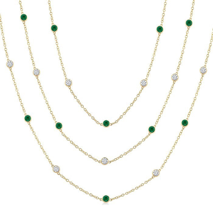 2.90 MM Round Shape Emerald and 2 3/4 Ctw Round Cut Diamond Precious Necklace in 14K Yellow Gold