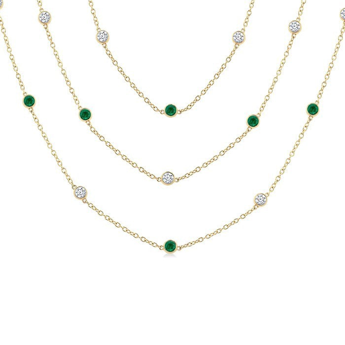 2.90 MM Round Shape Emerald and 2 3/4 Ctw Round Cut Diamond Precious Necklace in 14K Yellow Gold