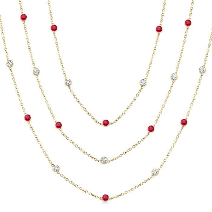 2.85 MM Mixed Shape Ruby and 2 3/4 Ctw Round Cut Diamond Precious Necklace in 14K Yellow Gold
