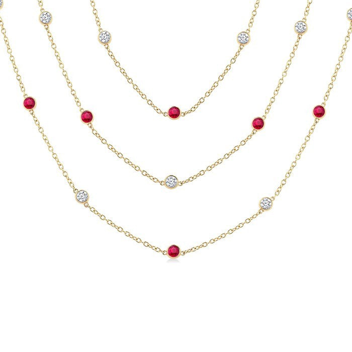 2.85 MM Mixed Shape Ruby and 2 3/4 Ctw Round Cut Diamond Precious Necklace in 14K Yellow Gold