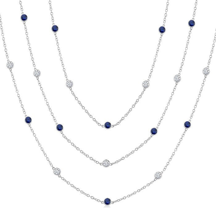 2.85 MM Round Shape Sapphire and 2 3/4 Ctw Round Cut Diamond Precious Necklace in 14K White Gold