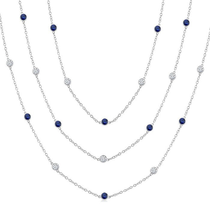 2.85 MM Round Shape Sapphire and 2 3/4 Ctw Round Cut Diamond Precious Necklace in 14K White Gold