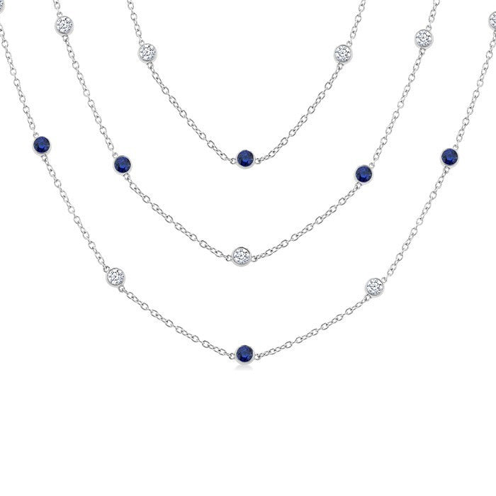 2.85 MM Round Shape Sapphire and 2 3/4 Ctw Round Cut Diamond Precious Necklace in 14K White Gold