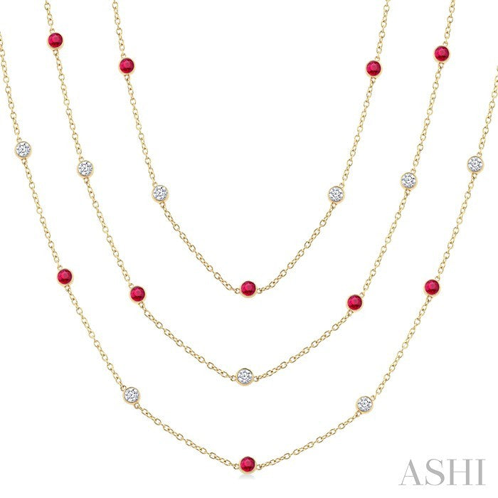 2.85 MM Mixed Shape Ruby and 2 3/4 Ctw Round Cut Diamond Precious Necklace in 14K Yellow Gold