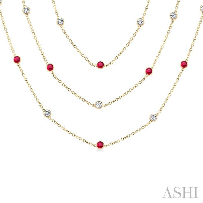 2.85 MM Mixed Shape Ruby and 2 3/4 Ctw Round Cut Diamond Precious Necklace in 14K Yellow Gold