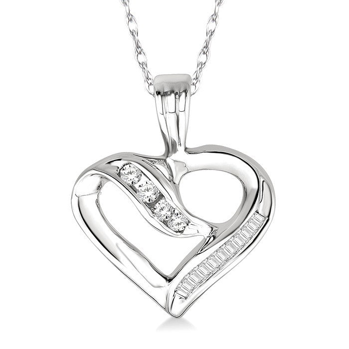 1/4 Ctw Baguettes and Round Diamond Heart Pendant in 10K White Gold with Chain