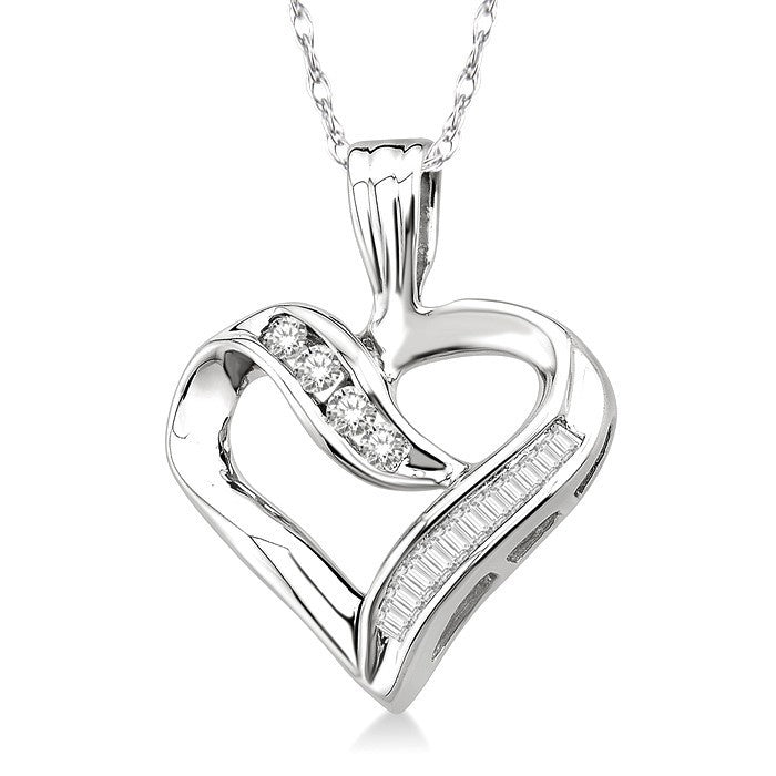 1/4 Ctw Baguettes and Round Diamond Heart Pendant in 10K White Gold with Chain