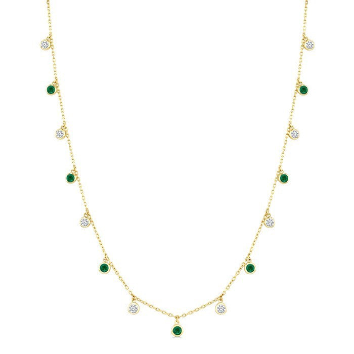 2.70 MM Round Shape Emerald and 1 Ctw Round Cut Diamond Precious Station Necklace in 14K Yellow Gold