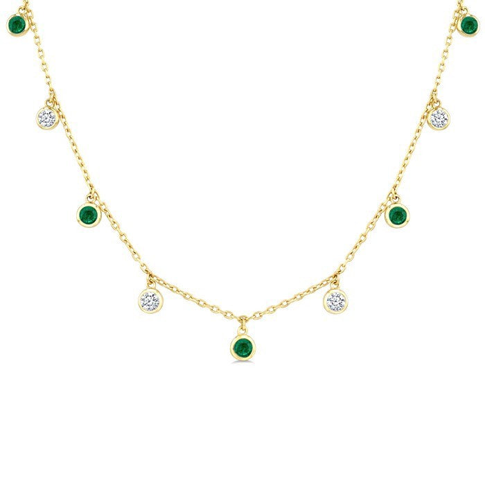 2.70 MM Round Shape Emerald and 1 Ctw Round Cut Diamond Precious Station Necklace in 14K Yellow Gold