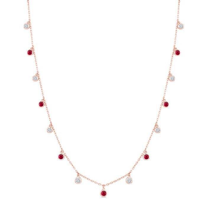 2.70 MM Round Shape Ruby and 1 Ctw Round Cut Diamond Precious Station Necklace in 14K Rose Gold
