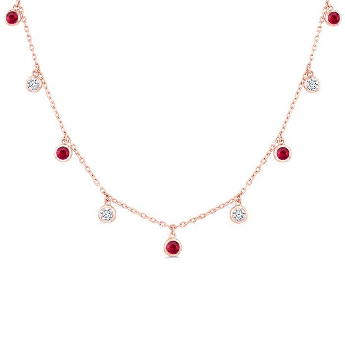 2.70 MM Round Shape Ruby and 1 Ctw Round Cut Diamond Precious Station Necklace in 14K Rose Gold