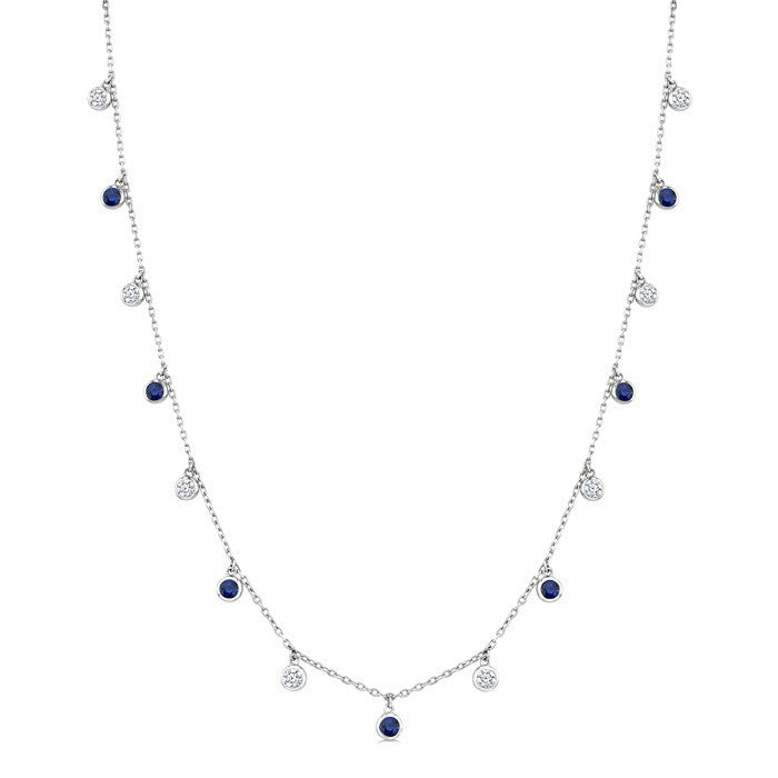 2.70 MM Round Shape Sapphire and 1 Ctw Round Cut Diamond Precious Station Necklace in 14K White Gold