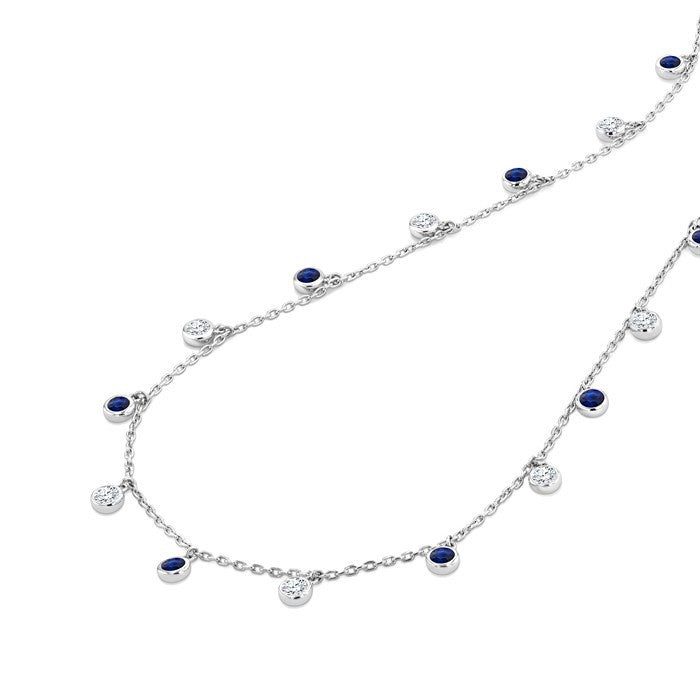2.70 MM Round Shape Sapphire and 1 Ctw Round Cut Diamond Precious Station Necklace in 14K White Gold