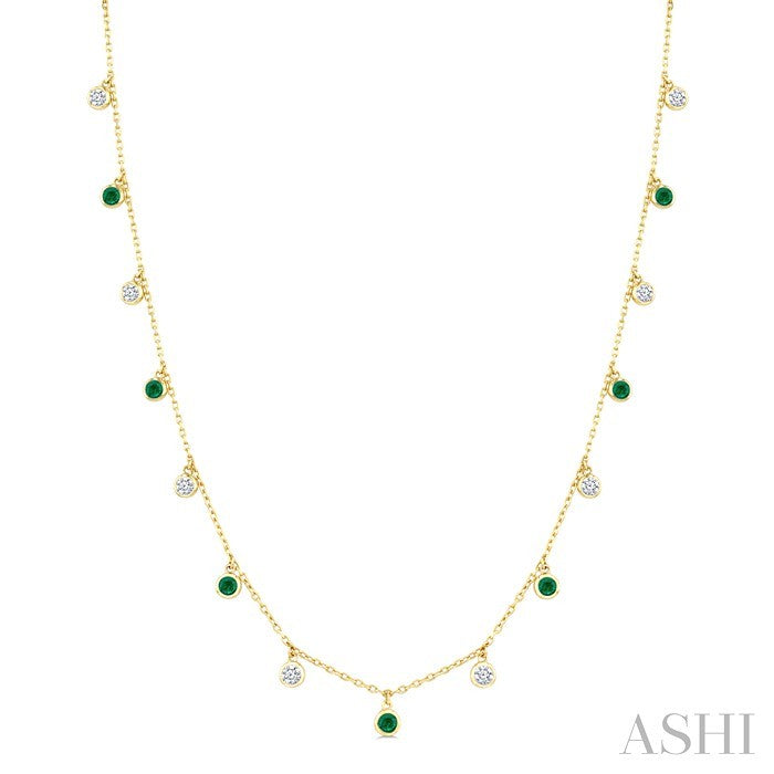 2.70 MM Round Shape Emerald and 1 Ctw Round Cut Diamond Precious Station Necklace in 14K Yellow Gold